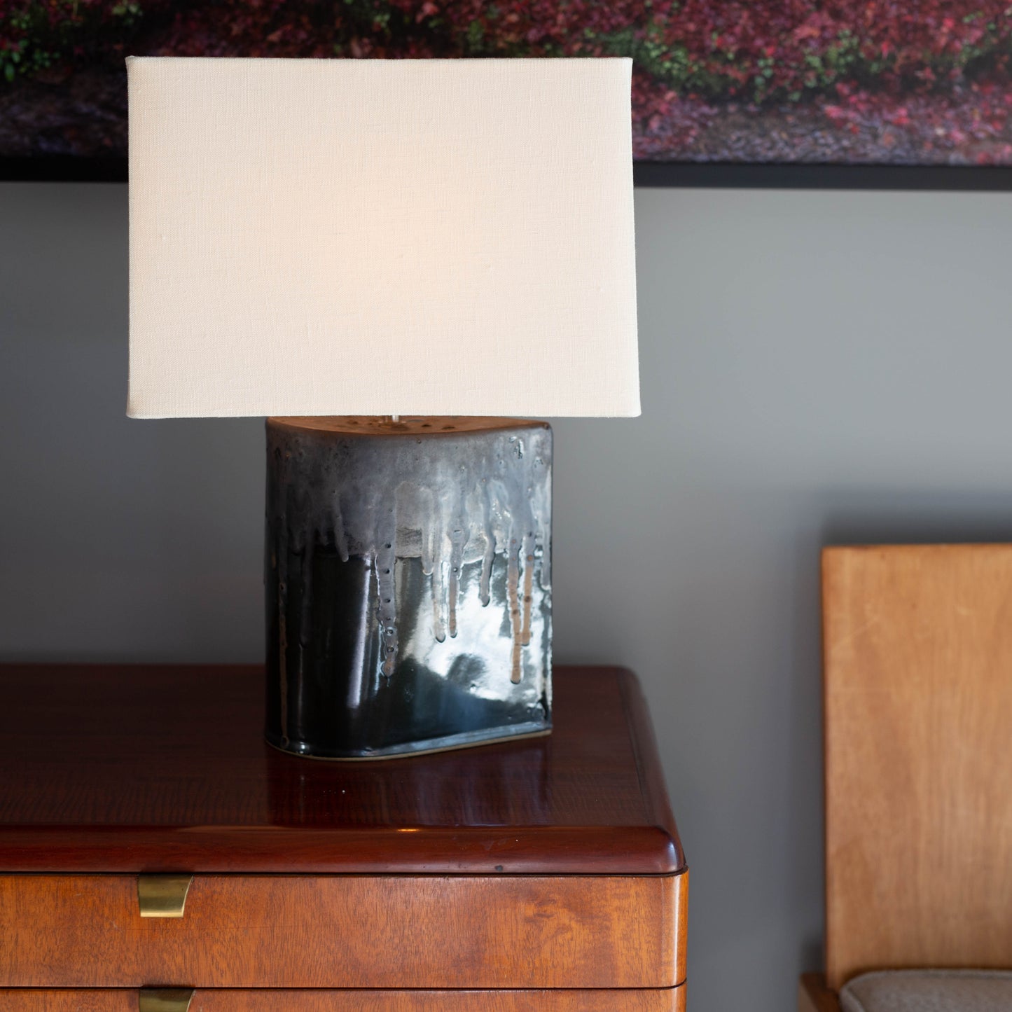 Happy Tears Single Tear "Drip" table lamp, metallic glaze on stoneware, linen shade